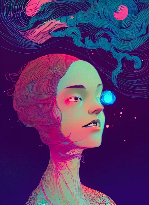 Prompt: dreams flowing through a woman's head, artstation winner by victo ngai, kilian eng and by jake parker, by conrad roset, swirly vibrant color lines, winning award masterpiece, fantastically gaudy, aesthetic octane render, 8 k hd resolution