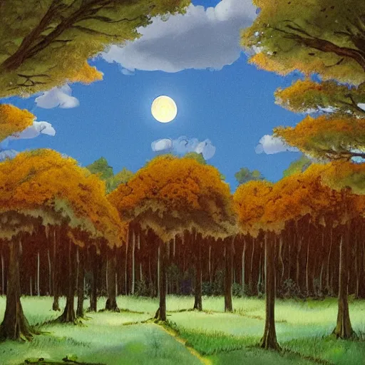 Prompt: empty village runway panorama in the woods with dramatic sky and giant moon, painting by rutkowski ghibli pixar disney ghibli gouache painting