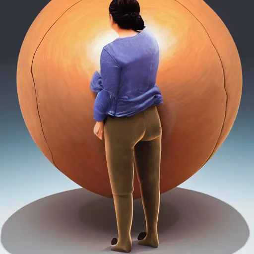 Prompt: a woman standing next to a large wooden ball, a marble sculpture by fernando botero, pexels contest winner, qajar art, full body, windows vista, ray tracing