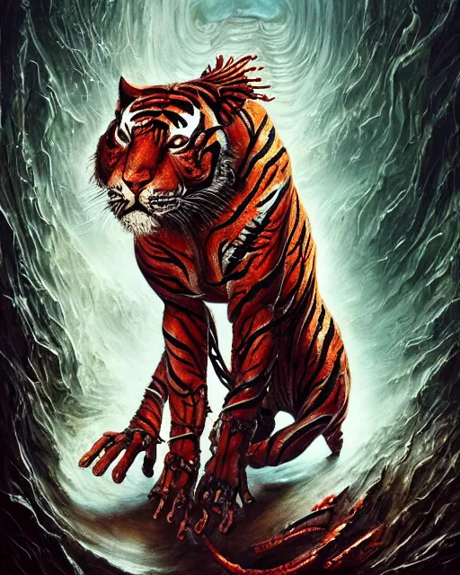 Prompt: bloody fleshmetal cyborg tiger, by antonio j. manzanedo, giger, alex grey, android jones, wayne barlowe, philippe druillet, raymond swanland, cyril rolando, josephine wall, harumi hironaka, trending on artstation