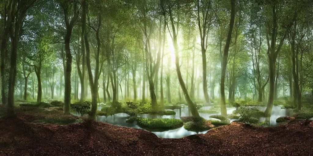 Prompt: immaculate forest with trees spaced at equidistant intervals between circular pools of water on the ground, with light flitering through the trees by pixar and amanda clarke, fairytale, magic realism, dynamic camera angle, deep 3 point perspective.