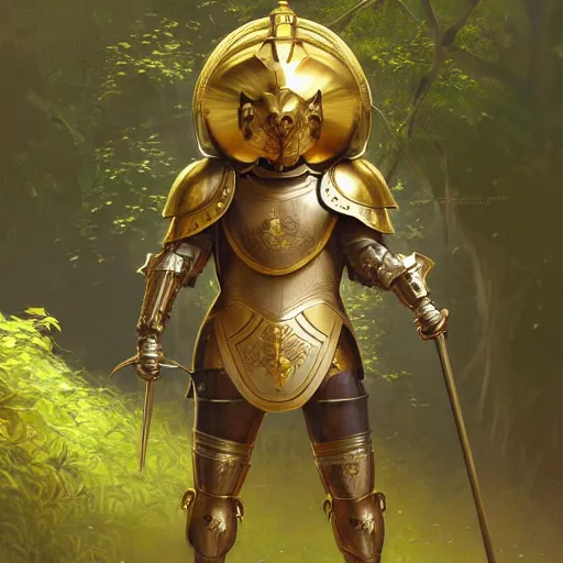 Image similar to photo of a humanoid capybara dressed in armor with a golden helmet on the head, hold sword in the forest, highly detailed, digital painting, artstation, smooth, sharp focus, illustration, art by artgerm and greg rutkowski and alphonse mucha