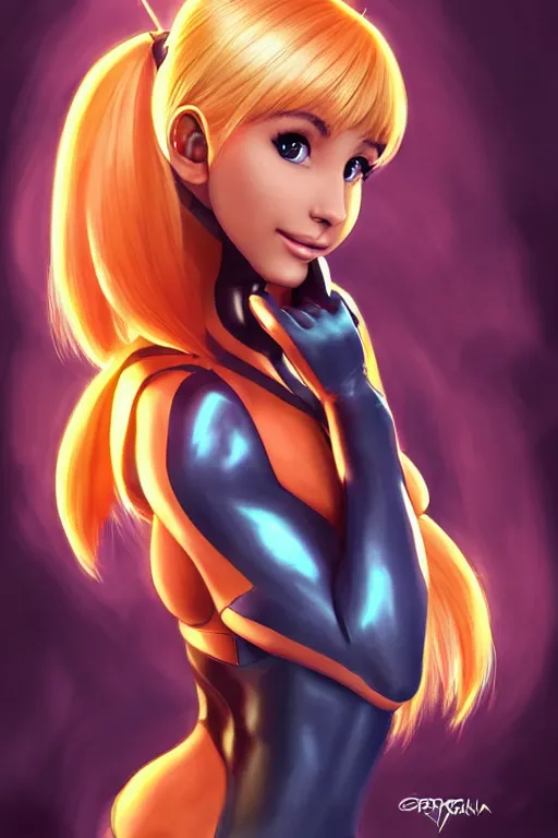 Image similar to Ariana Grande as Samus Aran, golden hour, by greg Rutkowksi, by artgerm