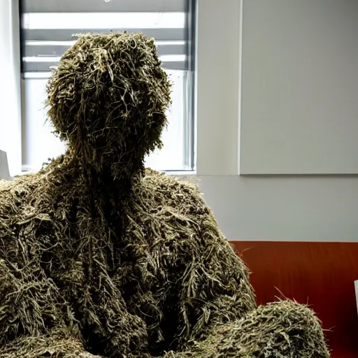 Image similar to a man wearing a ghillie suit, sitting in a waiting room, film still, panavision panaflex