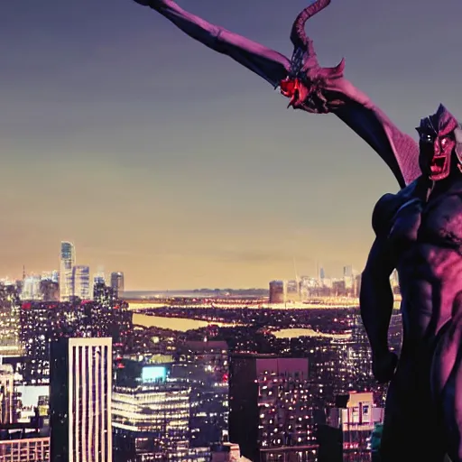 Image similar to a still from the live action film based on the 9 0 s series gargoyles, featuring the hero goliath, posed on top of a building at night, urban, full moon, skyline, new york city, highly detailed, live action cg render