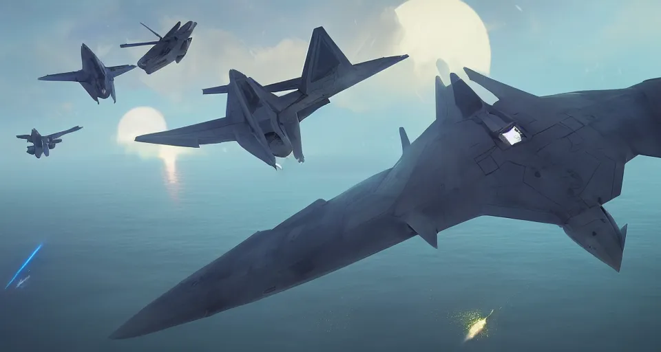 Image similar to An INTENSE future style aerial DOGFIGHT, combat over the ocean, Battle, futuristic F-22 Raptor, rendered by simon stålenhag, rendered by Beeple, Makoto Shinkai, syd meade, environment concept, digital art, gundam style, starwars, unreal engine, 3 point perspective, WLOP, trending on artstation, low level, 4K UHD image, octane render,