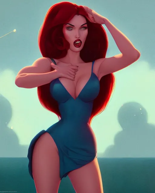 Image similar to highly detailed vfx portrait of megan fox as jessica rabbit, stephen bliss, unreal engine, greg rutkowski, loish, rhads, beeple, makoto shinkai and lois van baarle, ilya kuvshinov, rossdraws, tom bagshaw, alphonse mucha, global illumination, detailed and intricate environment