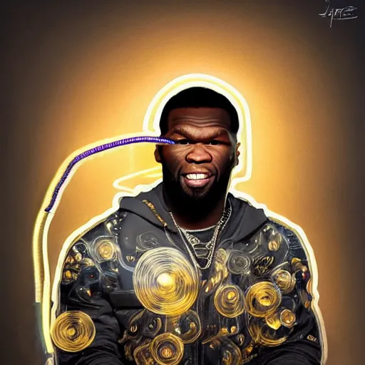 Prompt: 5 0 cent wearing a laughing golden armor, digital illustration by ruan jia on artstation, outlined by whirling illuminated neon lines and fine lines swirling in circles by jesper ejsing and rhads and makoto and shinkai and lois van baarle, digital art, trending on artstation - h 8 3 2