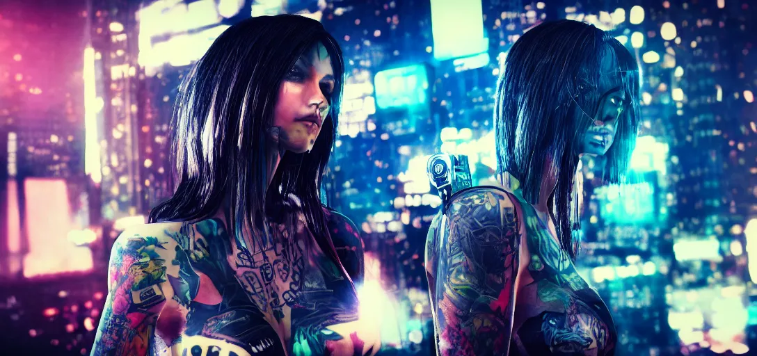 Prompt: a beautiful cyberpunk chick with tattoos photorealism bokeh