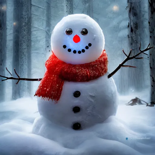 Image similar to a snowman, half made out of cyborg parts, with one glowing red eye, with an evil smile on his face, in the middle of a snow forest, dynamic lighting, photorealistic fantasy concept art, trending on art station, stunning visuals, creative, cinematic, ultra detailed