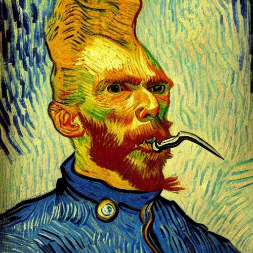 Prompt: person with a sword as its mouth, 4 k, 8 k, trending on artstation, award - winning art, illustrated by vincent van gogh
