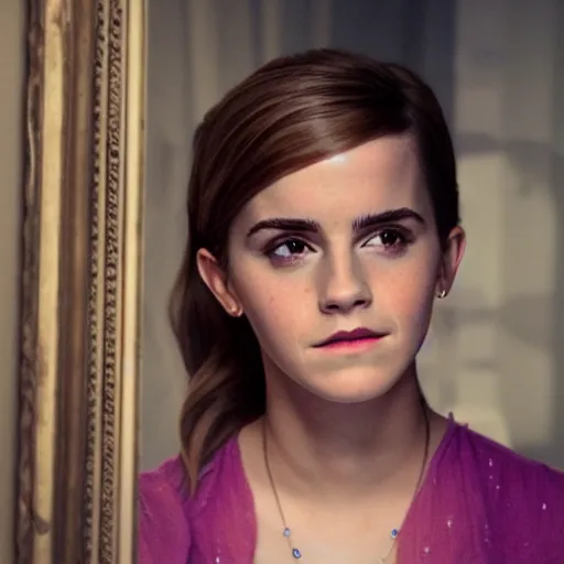 Prompt: emma watson pondering her reflection in the mirror, light, colorful 4 k photorealistic