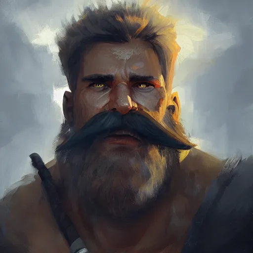 Image similar to portrait old barbarian warrior with trucker mustache and short hair, 8 k, trending on art station, by tooth wu and greg rutkowski