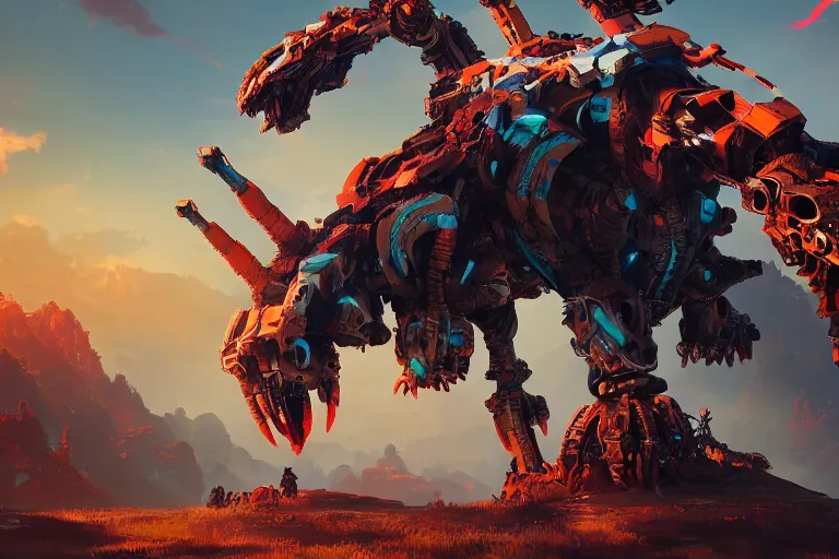 Image similar to ravager machine mecanical creature robot of horizon forbidden west horizon zero dawn radiating a glowing aura global illumination ray tracing hdr fanart arstation by ian pesty and alena aenami artworks in 4 k