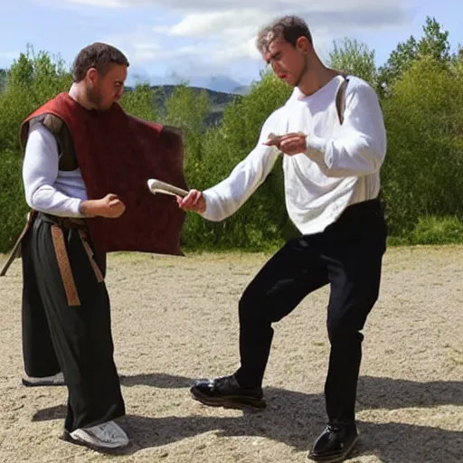 Prompt: photo of 2 renaissance men fighting with rolled up newspapers as if they were swords