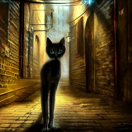 Image similar to skinny emaciated starving kitten in a dark dank alleyway, dramatic lighting, cinematic, establishing shot, extremely high detail, foto realistic, cinematic lighting, post processed, concept art, high details, cinematic, 8k resolution, beautiful detailed, photorealistic, digital painting, artstation, concept art, smooth, sharp focus, artstation trending, octane render, unreal engine