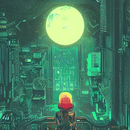 Image similar to Stunningly intricate illustration of single cyberpunk explorer overlooking lush forest, highly detailed, midnight, small glowing orbs by Victo Ngai and James Gilleard , Moebius, Laurie Greasley