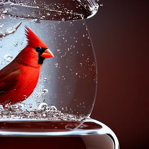 Image similar to a photorealistic photograph of a red Cardinal bird swimming inside of an Armagnac decanter at an upscale polo lounge Trending on Artstation, featured on Behance, well-rendered, Unreal Engine, 4K HD