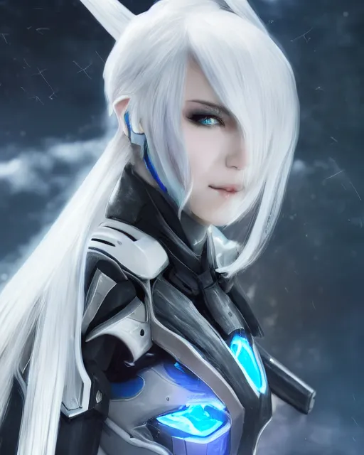 Image similar to perfect white haired girl, warframe armor, beautiful, dreamy, half asian, pretty face, blue eyes, detailed, windy weather, scifi platform, laboratory, experiment, 4 k, ultra realistic, epic lighting, cinematic, high detail, masterpiece, akihito tsukushi