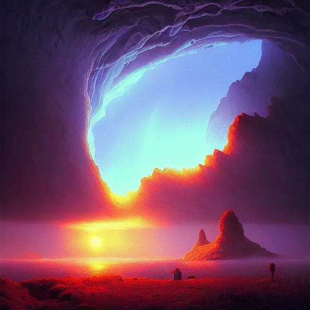 Image similar to the human eye iris, a portal to a fantasy aerial iceland landscape is seen inside the human eye!!!!!, volumetric lighting, colorful, sharp and focus, ultra detailed, beautifully lit landscape, astrophotography, in the art style of dan mumford, ivan aivazovsky and marc simonetti