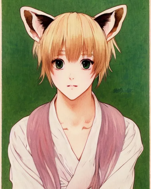 Prompt: A watercolor frontal portrait of a beautiful anime feminine catboy with short cream colored hair and fennec fox ears on top of his head and tanned skin wearing a white sweater, elegant, delicate, soft lines, higly detailed, skinny, smooth , pixiv art, ArtStation, pink hue, artgem, art by alphonse mucha charles reid mary cassatt and shirow masamune, high quality