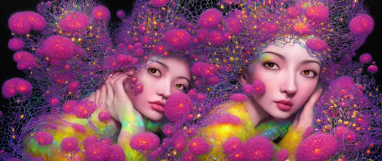 Prompt: hyper detailed 3d render like a Oil painting - kawaii portrait Aurora (black haired fairy laying back) seen Eating of the Strangling network of yellowcake aerochrome and milky Fruit and Her delicate Hands hold of gossamer polyp blossoms bring iridescent fungal flowers whose spores black the foolish stars by Jacek Yerka, Mariusz Lewandowski, Houdini algorithmic generative render, Abstract brush strokes, Masterpiece, Edward Hopper and James Gilleard, Zdzislaw Beksinski, Mark Ryden, Wolfgang Lettl, hints of Yayoi Kasuma, octane render, 8k