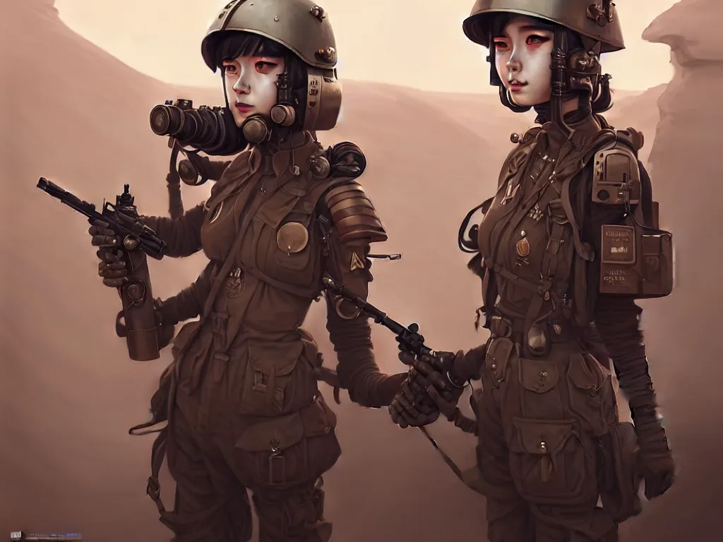 Image similar to portrait of dieselpunk blackpink jisoo soldier girl, helmet, desert, armored, highly detailed, digital painting, face detail, sharp focus, art, illustrations by loish and ayanamikodon and irakli nadar and rossdraws and wlop