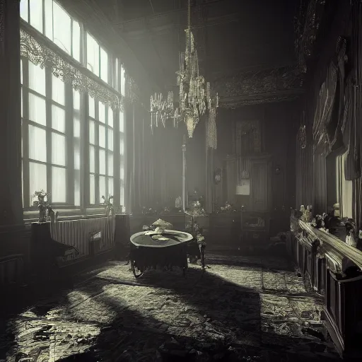 Image similar to A room full of people, vampires, high ceiling, victorian, soft light, ominous, photorealistic, detailed, 8k