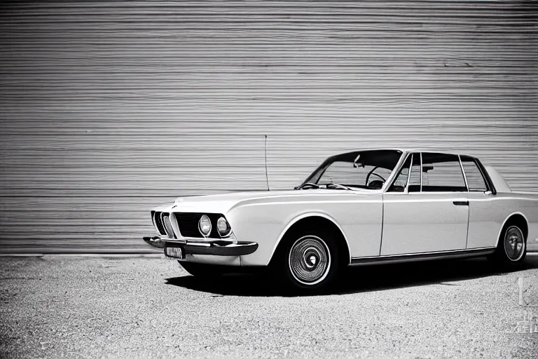 Prompt: single 1964 BMW M1 Lincoln Continental, inside of a minimalist Tokyo garage, ektachrome photograph, volumetric lighting, f8 aperture, cinematic Eastman 5384 film