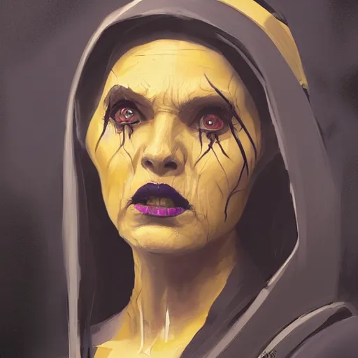 Image similar to portrait of a woman by greg rutkowski, a woman with yellow skin, black lips wearing black robes and a hodd, evil energy, star wars expanded universe, she is about 6 0 years old, highly detailed portrait, digital painting, artstation, concept art, smooth, sharp foccus ilustration, artstation hq