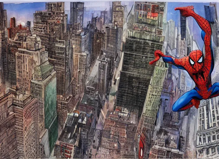 Prompt: two - point perspective landscape of spiderman swinging across manhattan, by kim jung gi, paul heaston, extremely wide angle shot, trending on art station, 4 k, water color, vibrant lighting