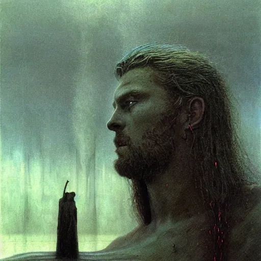 Image similar to thor, god of thunder, art by beksinski