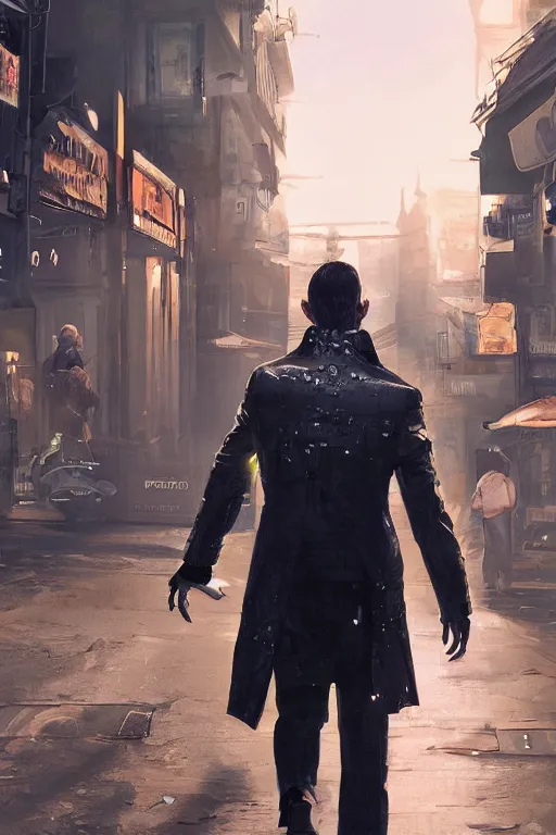 Prompt: in the foreground a Parisian street, in the background a dark-haired man from behind playing with swirls of energy coming out hands wearing a long matrix-style jacket, realistic, high definition, many details, dramatic scene, detailed hands and realistic, symmetrical face, realistic eyes, cyberpunk art 2077