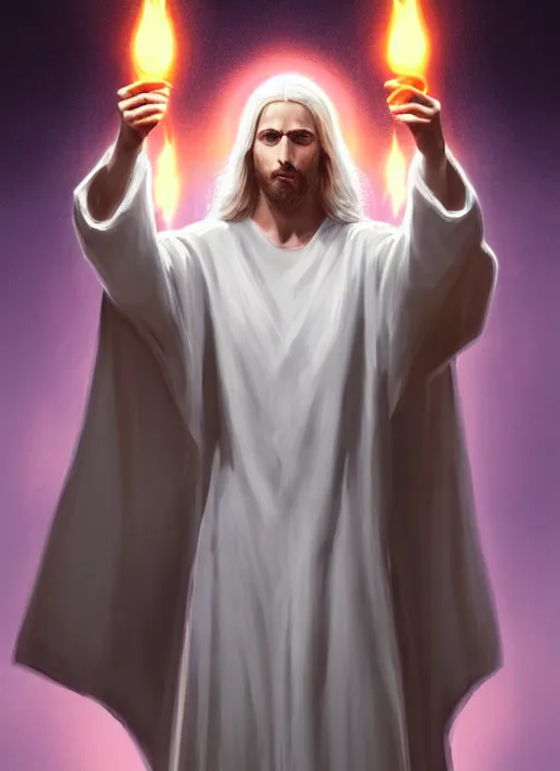 Image similar to « full length portrait of the white - haired jesus in a white robe and flaming yellow eyes, seven stars in right hand, grim - lighting, high - contrast, intricate, elegant, highly detailed, digital painting, artstation, concept art, smooth, sharp focus, illustration »