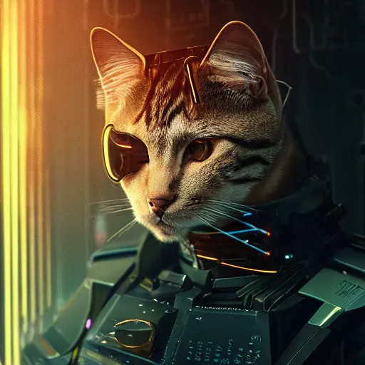 Image similar to professional photo of cyborg cat, cyberpunk background, blade runner, hyperrealistic masterpiece, trending on artstation, cgsociety, kodakchrome, golden ratio, cinematic, composition, beautiful lighting, hyper detailed, sharp focus, octane render, 4 k, unreal engine