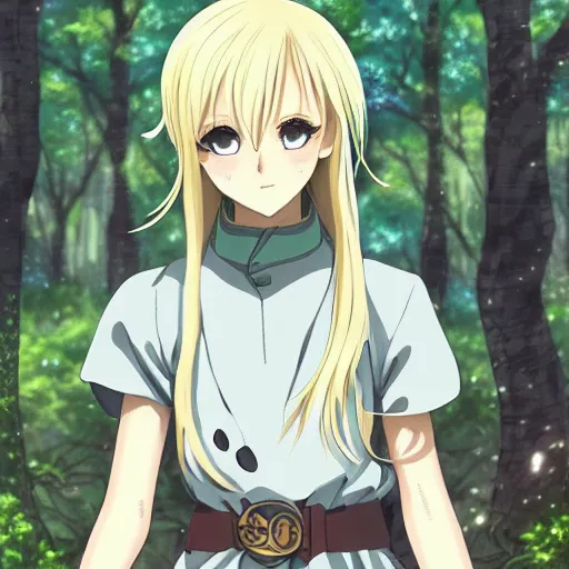 Prompt: blonde anime knight 3 3 2 5, standing in a forest, finely detailed features perfect art anime illustration trending on pivix fanbox art by makoto shinkai, studio ghibli, takashi takeuchi, hajime isayama