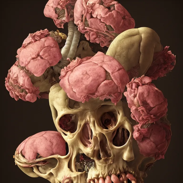 Image similar to still life of rotten flesh, beautiful pastel flowers, human spine, colorful mold, baroque painting, beautiful detailed intricate insanely detailed octane render, 8K artistic photography, photorealistic, chiaroscuro, Raphael, Caravaggio