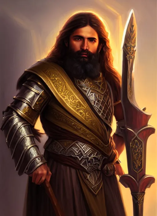 Prompt: a _ fantasy _ style _ portrait _ painting _ of esfandtv big light brown male holy paladin with long wavy brown hair and beard, hammer weapon, rpg dnd oil _ painting _ unreal _ 5 _ daz. _ rpg _ portrait _ extremely _ detailed _ artgerm _ greg _ rutkowski _ greg