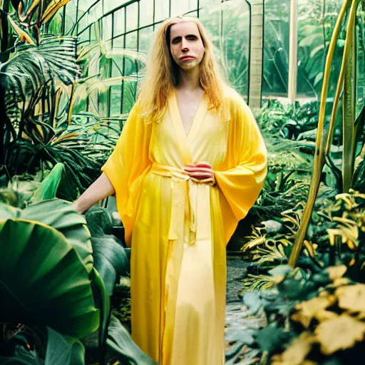 Prompt: Medium format photograph of an elegant woman that look like Brit Marling wearing a yellow kimono in a tropical greenhouse, bokeh