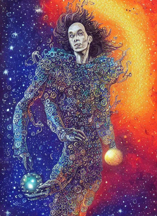 Image similar to high intricate colored ink drawing of the sandman holding a glimmering galaxy, full shot, neil gaiman, maria panfilova, andrea savchenko, mike kime, ludovic plouffe, qi sheng luo, oliver cook, julian calle, eddie mendoza, trending on artstation