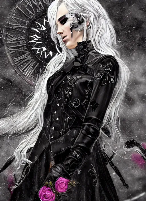 Image similar to a realistic detail portrait of a pretty huntress dress black clock has white hair, battlefield, goth, around flower, abandoned, shining star, traveller, raining, mist by Wolp, Sparth, Paul-chadeisson, Dylan Cole, Jin Kim, black scheme, 8k, Unreal Engine 5