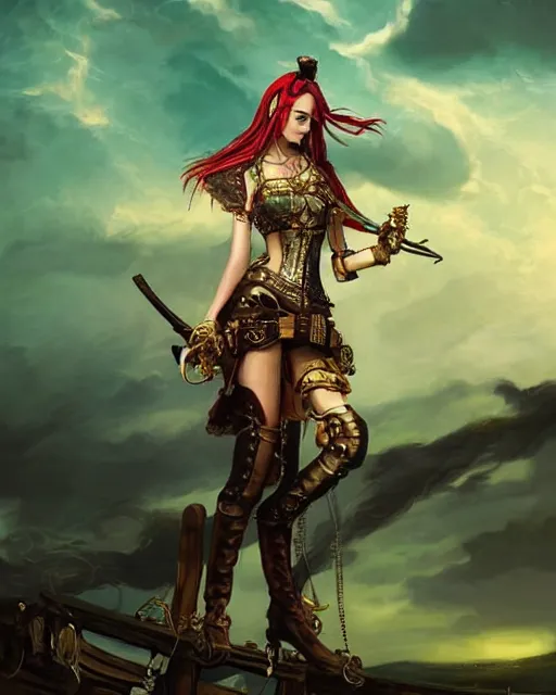 Image similar to a beautiful 2D illustration of a young female steampunk pirate wearing leather armor on gold and red trimmings on green, very cool pose, pirate ship with an epic sky background, slightly smiling, by Charlie Bowater Annie Leibovitz, zhuoxin ye, cinematic lighting and composition, fantasy painting, very detailed, ornate, trending on artstation and pinterest, deviantart, google images