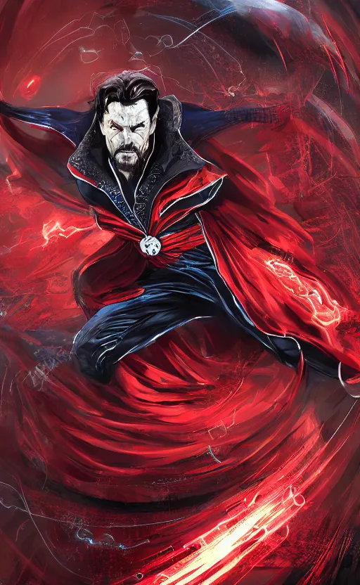 Image similar to venom as doctor strange, black and red suit, dynamic lighting, photorealistic fantasy concept art, trending on art station, stunning visuals, terrifying, creative, cinematic