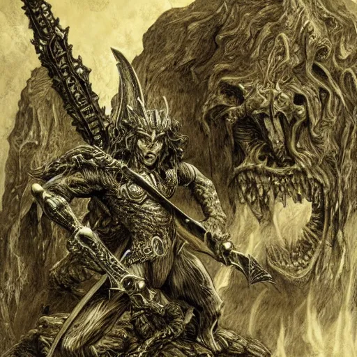 Image similar to arnold swarchenegger with giant sword fights ugly demon, intricate detailed dark fantasy art by kentaro miura, gustave dore, jean giraud, philippe druillet