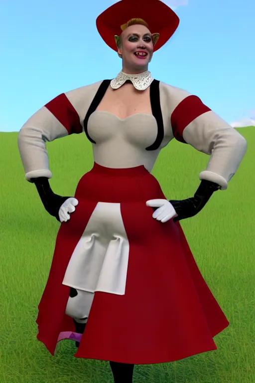 Image similar to a Marvelous Designer render of a 1999 Dutch milkmaid costume with exposed midriff and prosthetic udders. Drag queen, campy. Cow Costume with Udders, comical. Cloven Hoof High-Heeled Boots. Puff sleeves, ruched bodice. Choker necklace with a large cow bell on it. Holstein cow spot damask fabric.