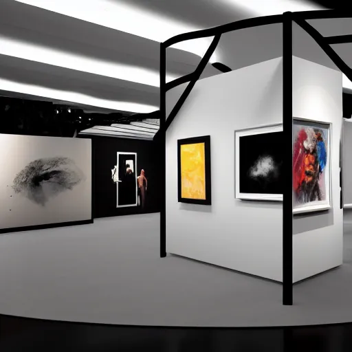 Image similar to an exhibition booth showing modern art, 4 k, photography, highly detailed, cinematic lighting, journalism