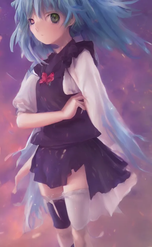 Image similar to A beautiful anime-style digital full-body portrait of Cirno, by Stanley Artgerm Lau, WLOP, Rossdraws, LeraPi, and Sakimichan, trending on ArtStation, deviantart, SFW version