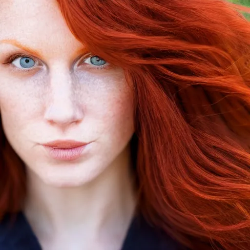 Image similar to Close up photo of the left side of the head of a redhead woman with gorgeous eyes and wavy long red hair, who looks directly at the camera. Slightly open mouth. left side of the head head visible and covers half of the frame, with a park visible in the background. 135mm nikon.