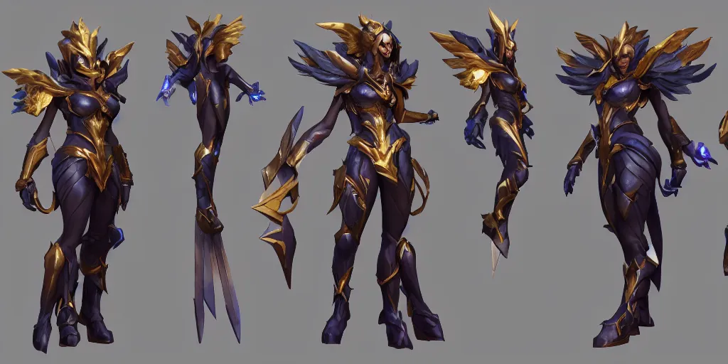 Image similar to Character sheet of gorgeous dawnbringer Kai’sa (League of Legends). 3d render, octane render, game art, realistic, highly detailed, trending on artstation, 4k, trending on artstation, pixar, cgsociety, unreal engine 5, redshift render, trending on artstation, blender, behance, cg