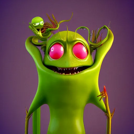 Prompt: cute anthropomorphic venus flytrap carniverous plant creature with many leaf arms and vine legs and big eyes and big teeth detailed character concept 3 d pixar style render 4 k